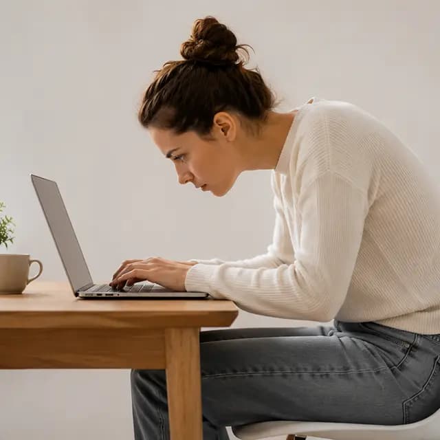A laptop screen always sits below eye level. That means your head is constantly tilted forward and down while you work. 8 hours a day in that position, and the muscles at the back of your neck get chronically overloaded while the ones at the front weaken. The result after a year: the same 'tech neck hump' that used to show up mostly in older adults. Today, people are coming in with it at 25.